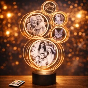 Lampe 3D personnalisée avec 5 ronds et 4 photos pour décoration et ambiance lumineuse